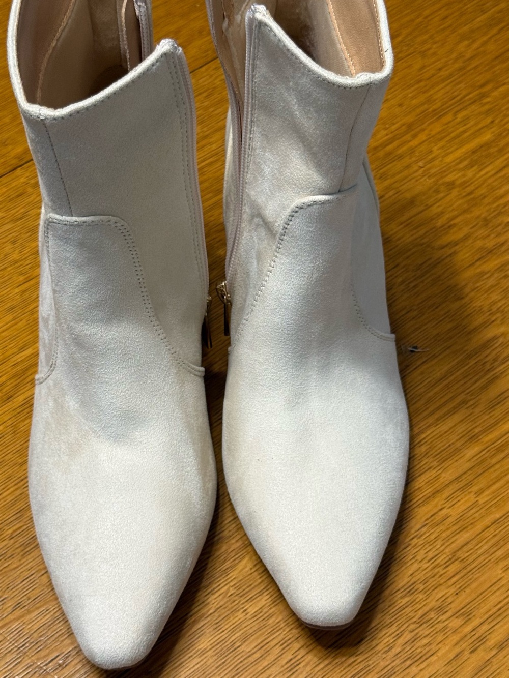 Cream Suede Pointed-Toe Ankle Booties with Side Zip